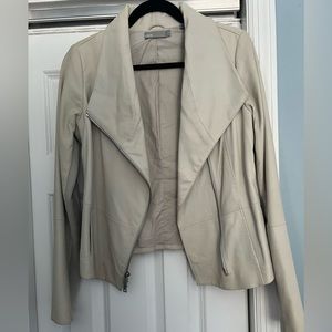 Vince cream goat leather jacket with ribbing.  Please note a TINY flaw on front